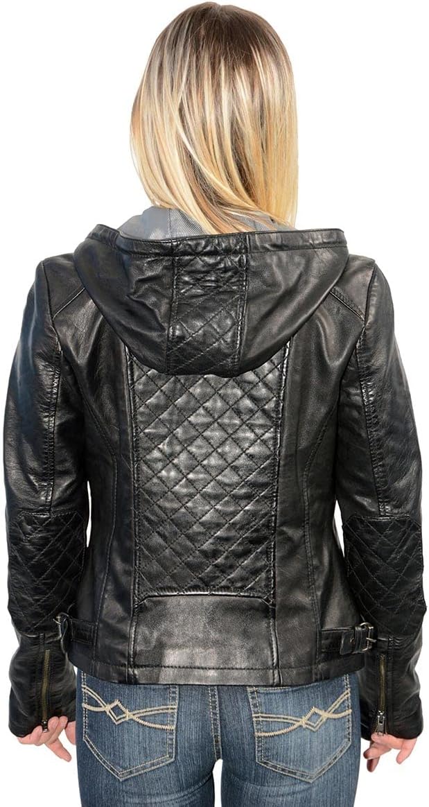 Hooded black leather bomber jacket for woman