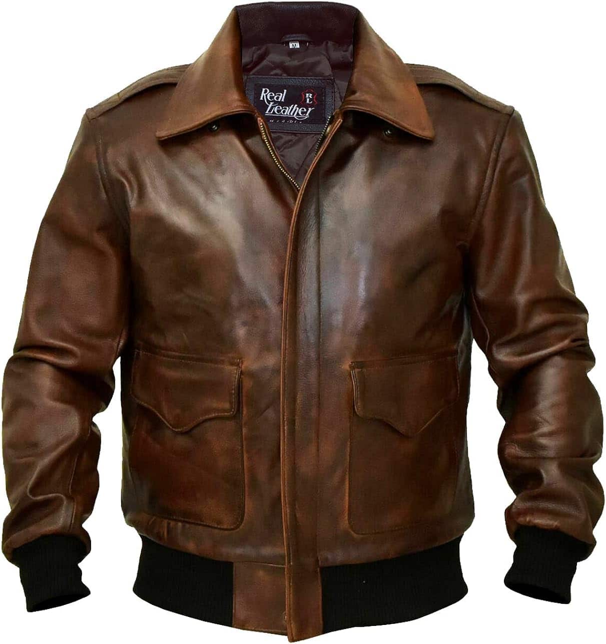 Brown aviator leather biker jacket