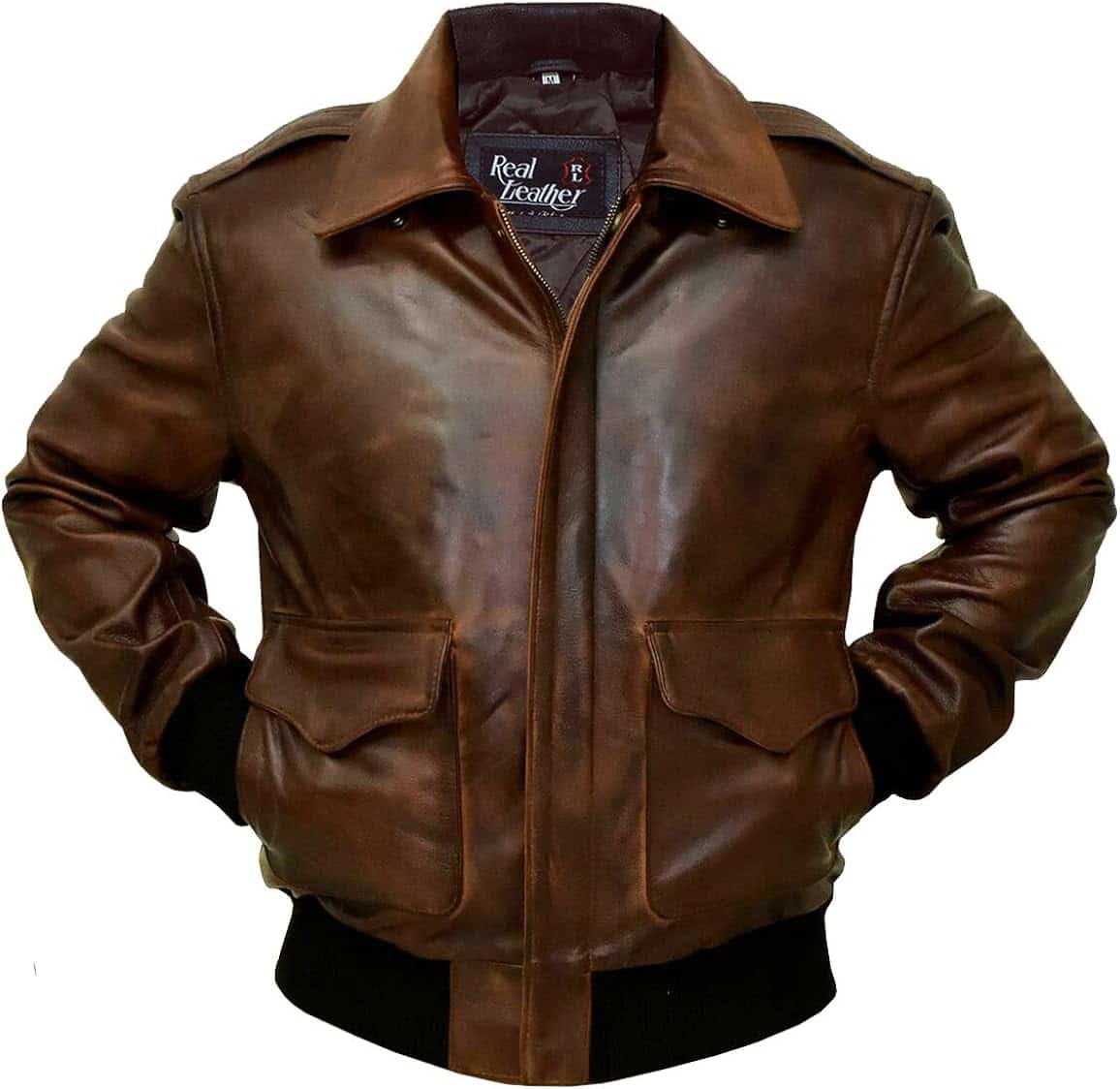 Brown aviator leather biker jacket