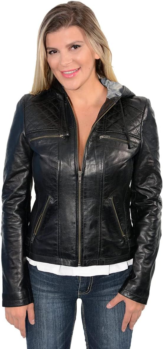 Hooded black leather bomber jacket for woman