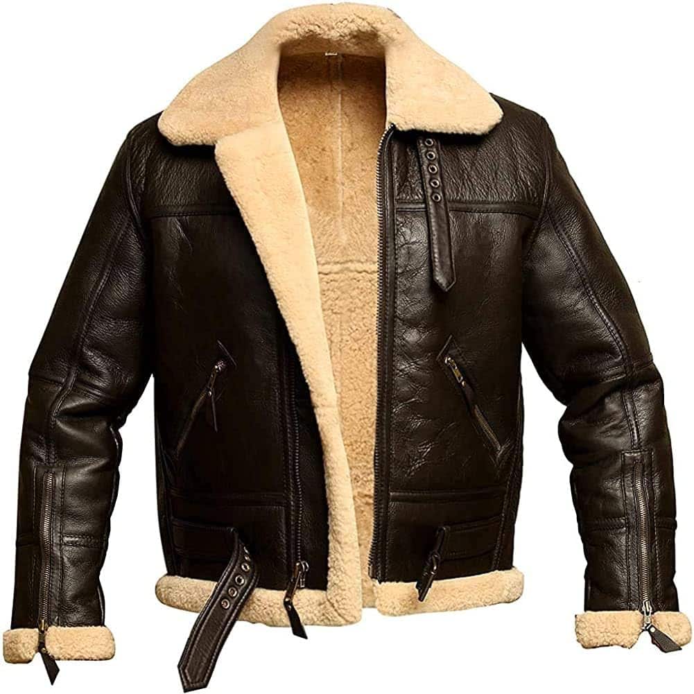 Men's brown leather shearling jacket