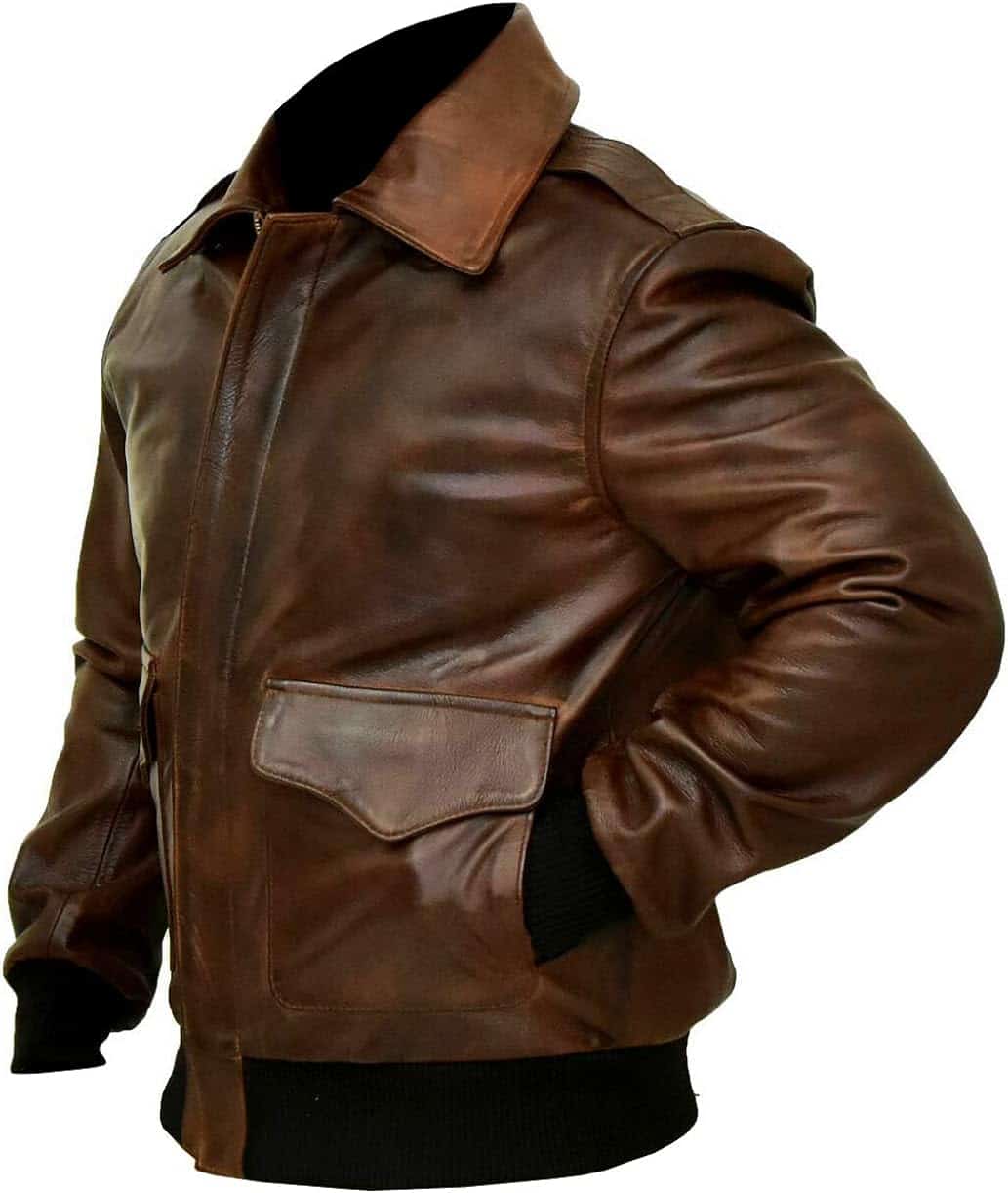 Brown aviator leather biker jacket