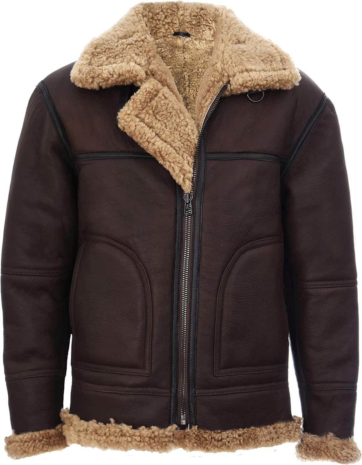 Men's Aviator Bomber Real Shearling Sheepskin brown Leather Jacket