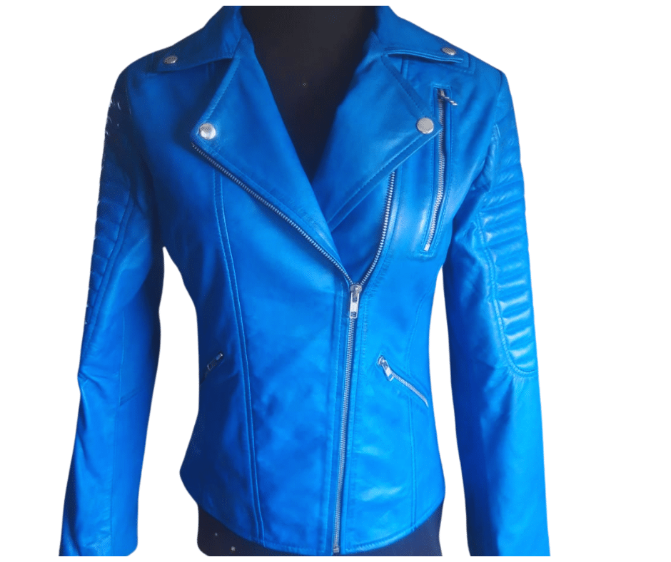 Blue bomber leather jacket