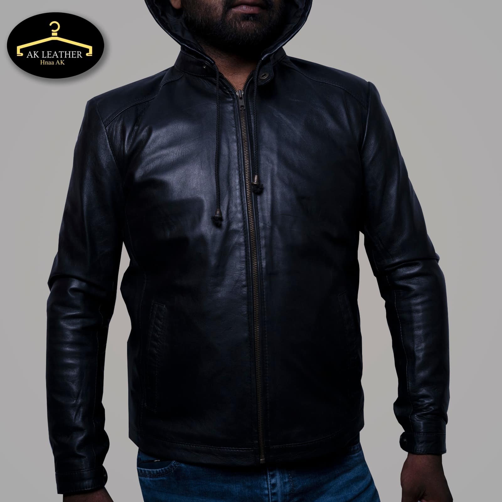 Dull black hooded leather jacket