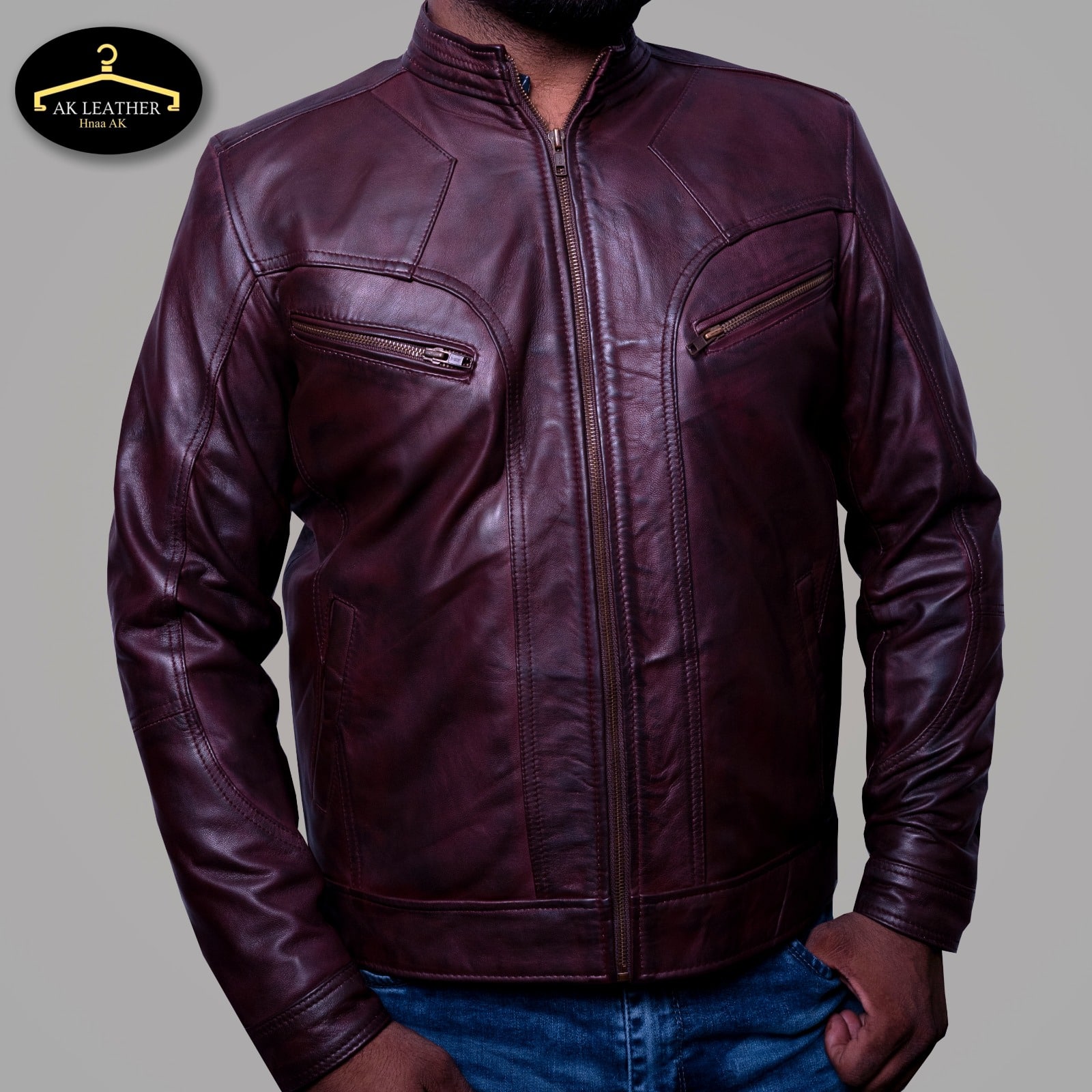 Distressed motorcycle REDDISH leather jacket for Men