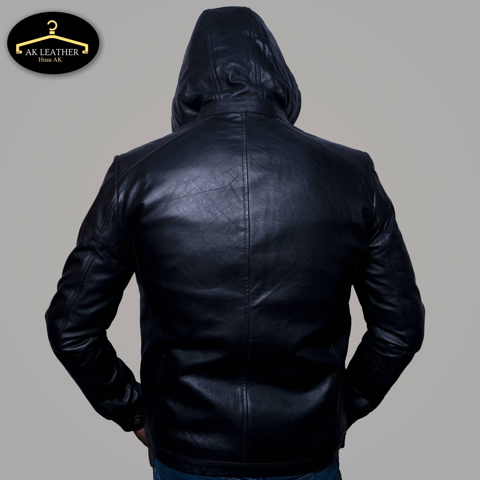 Dull black hooded leather jacket