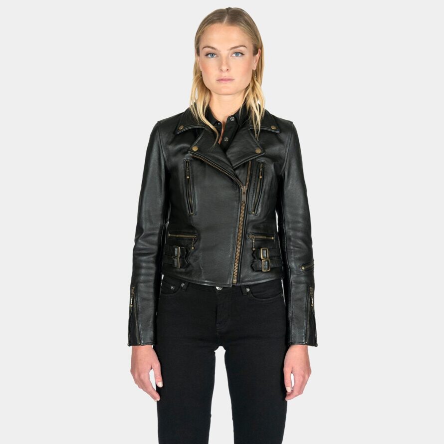 black bomber leather jacket for woman