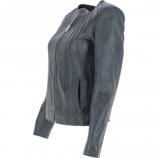 Grey Collarless Leather Jacket for Women