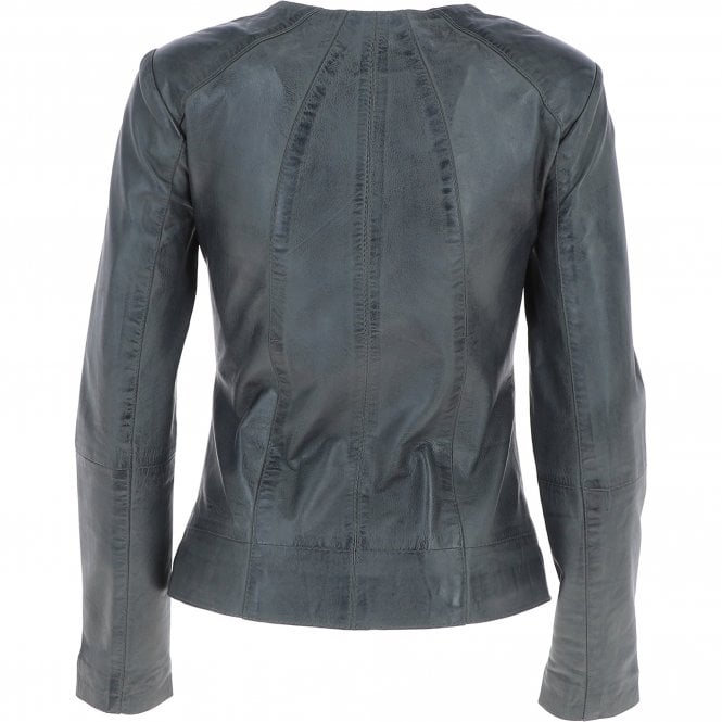 Grey Collarless Leather Jacket for Women