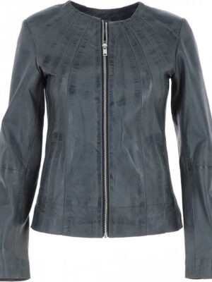 Grey collarless leather jacket for women