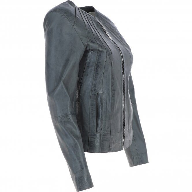 Grey Collarless Leather Jacket for Women