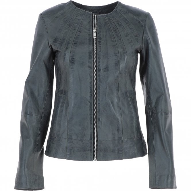 Grey Collarless Leather Jacket for Women